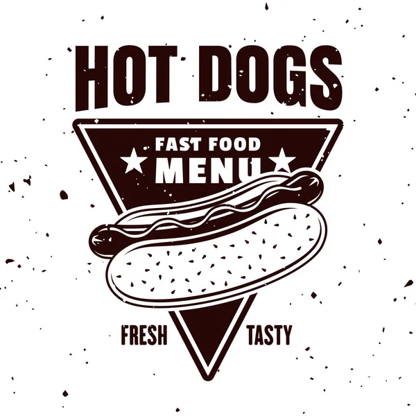 Hot Dog Vektor monochromes Emblem, Abzeichen, Etikett, Aufkleber oder Logo im Vintage-Stil isoliert auf weißem Hintergrund — Stockvektor