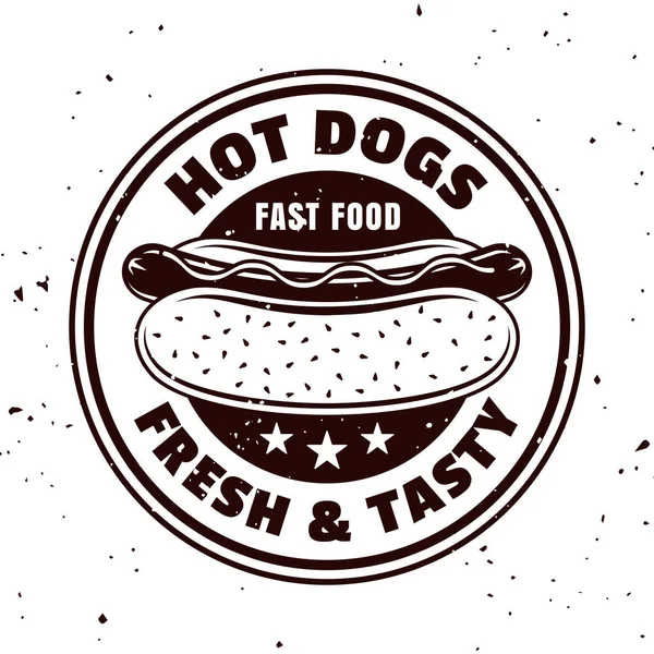 Hot dog vector round monochrome emblem, badge, label, sticker or logo in vintage style isolated on white background with removable textures — Διανυσματικό Αρχείο