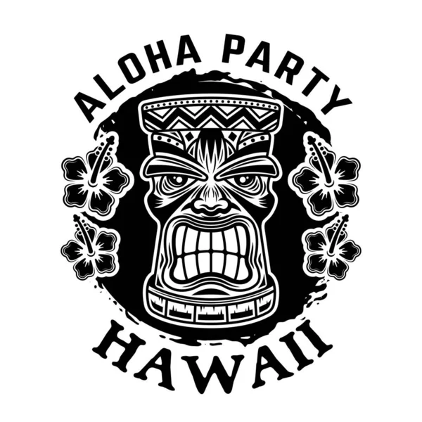 夏威夷tiki木制头颅矢量单色徽章、徽章、标签、贴纸或标识，仿古风格，白色背景隔离 — 图库矢量图片