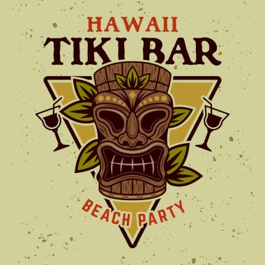 Hawaiian tiki mask and leafs vector colorful emblem, badge, label, sticker or logo in cartoon style on background with removable textures clipart