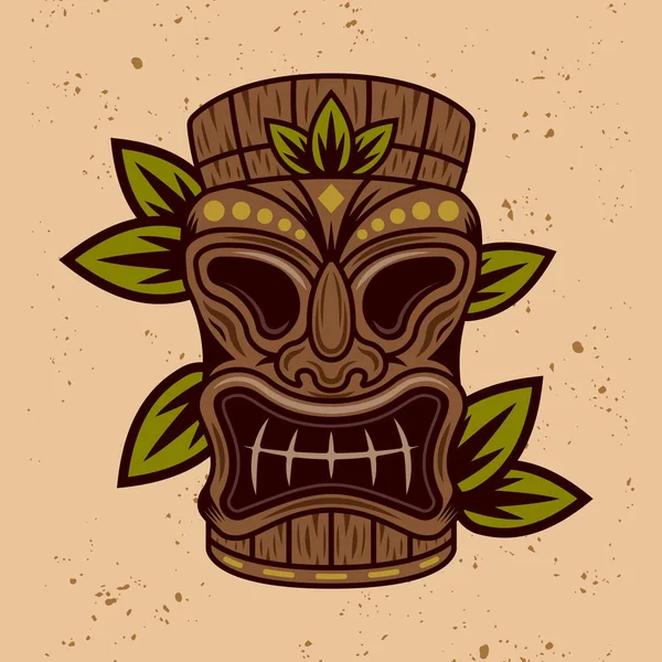 Hawaiianische Tiki-Maske und Blätter Vektorillustration in bunten Cartoon-Stil isoliert auf hellem Hintergrund — Stockvektor