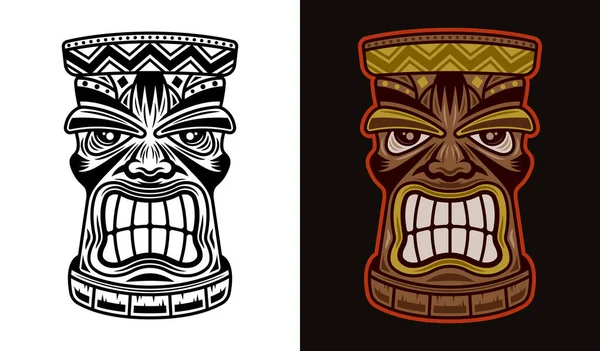 Деревянная голова племени тави в двух стилях: черном на белом и цветном на темном фоне — стоковый вектор