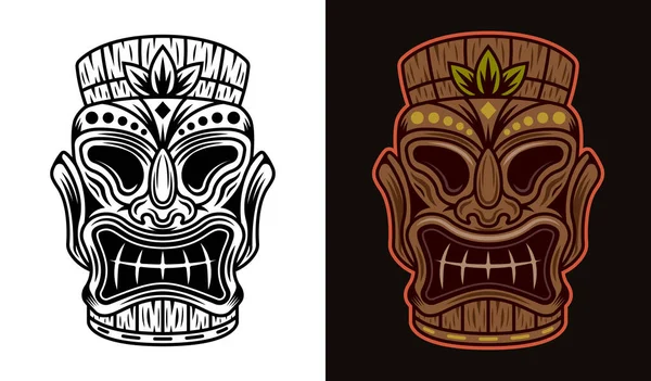 Ilustración vectorial de máscara de madera tribal hawaiana Tiki en dos estilos negro sobre blanco y colorido sobre fondo oscuro — Vector de stock