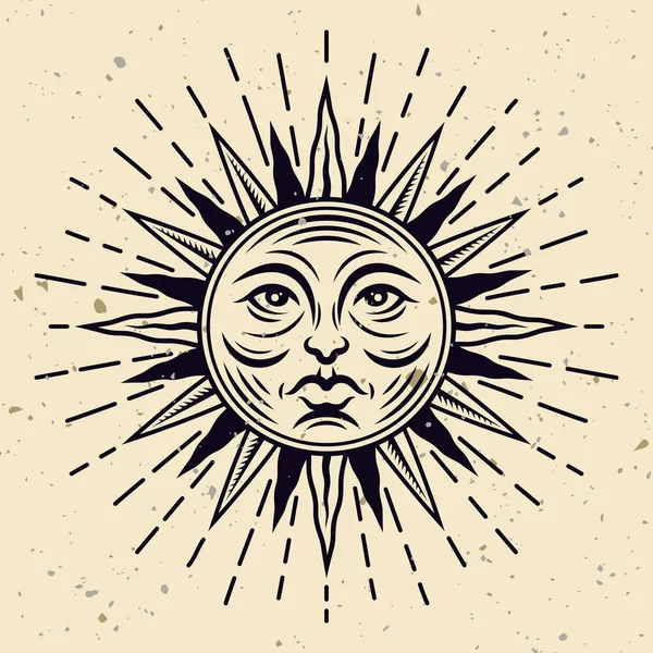 Sonnengesicht-Tätowierung mit Strahlenvektor mystische Illustration im Vintage-Stil auf Hintergrund mit Grunge-Texturen — Stockvektor