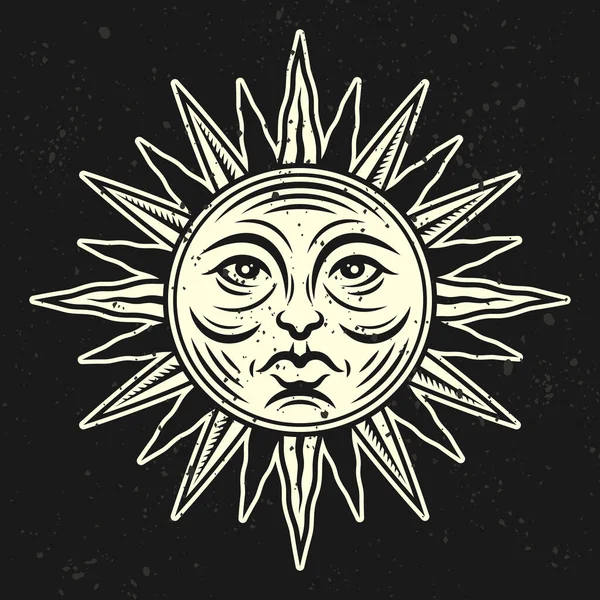 Sun face vector illustration in vintage style isolated on dark background. Design element for apparel design on astrological thematic —  Vetores de Stock