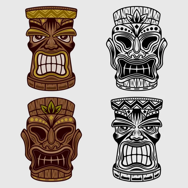 Тики Гавайские головы набор векторных объектов в двух стилях цветные и черно-белые — стоковый вектор