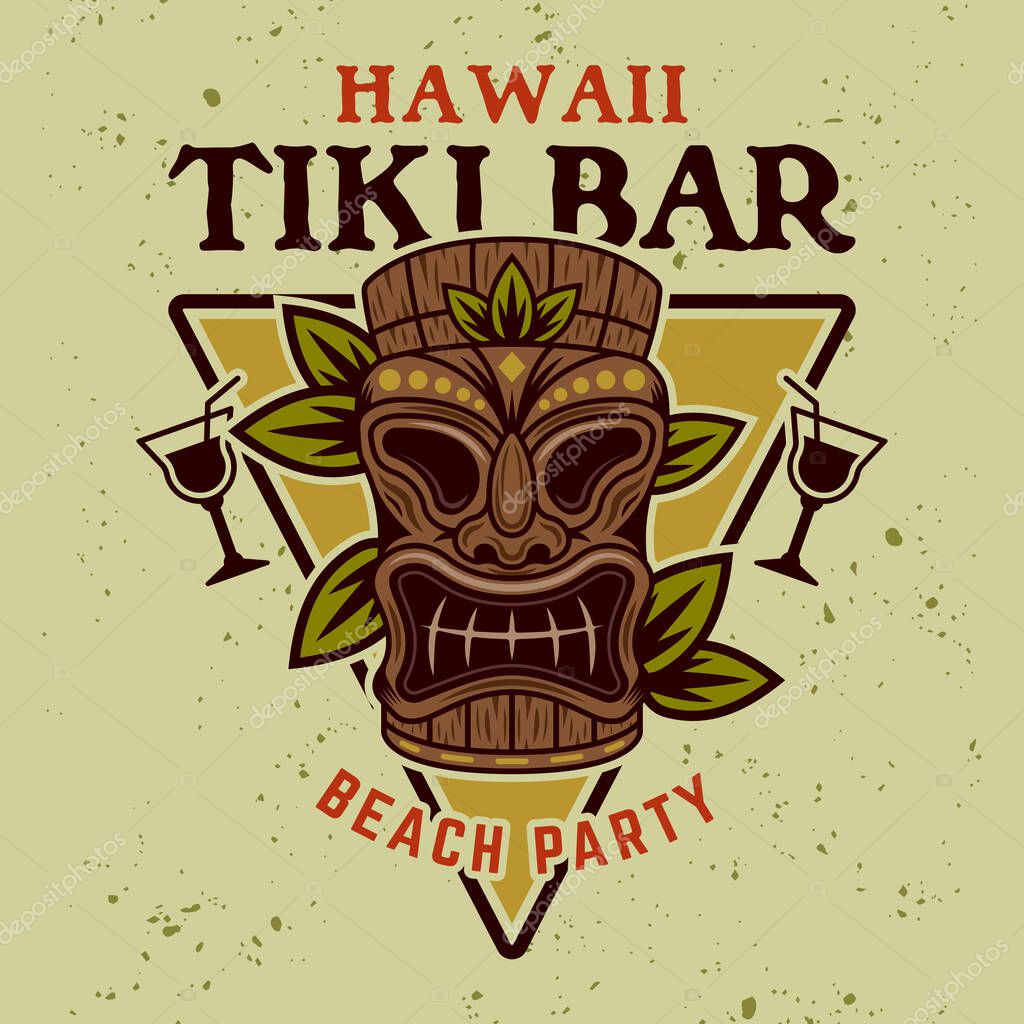 Hawaiian tiki mask and leafs vector colorful emblem, badge, label, sticker or logo in cartoon style on background with textures