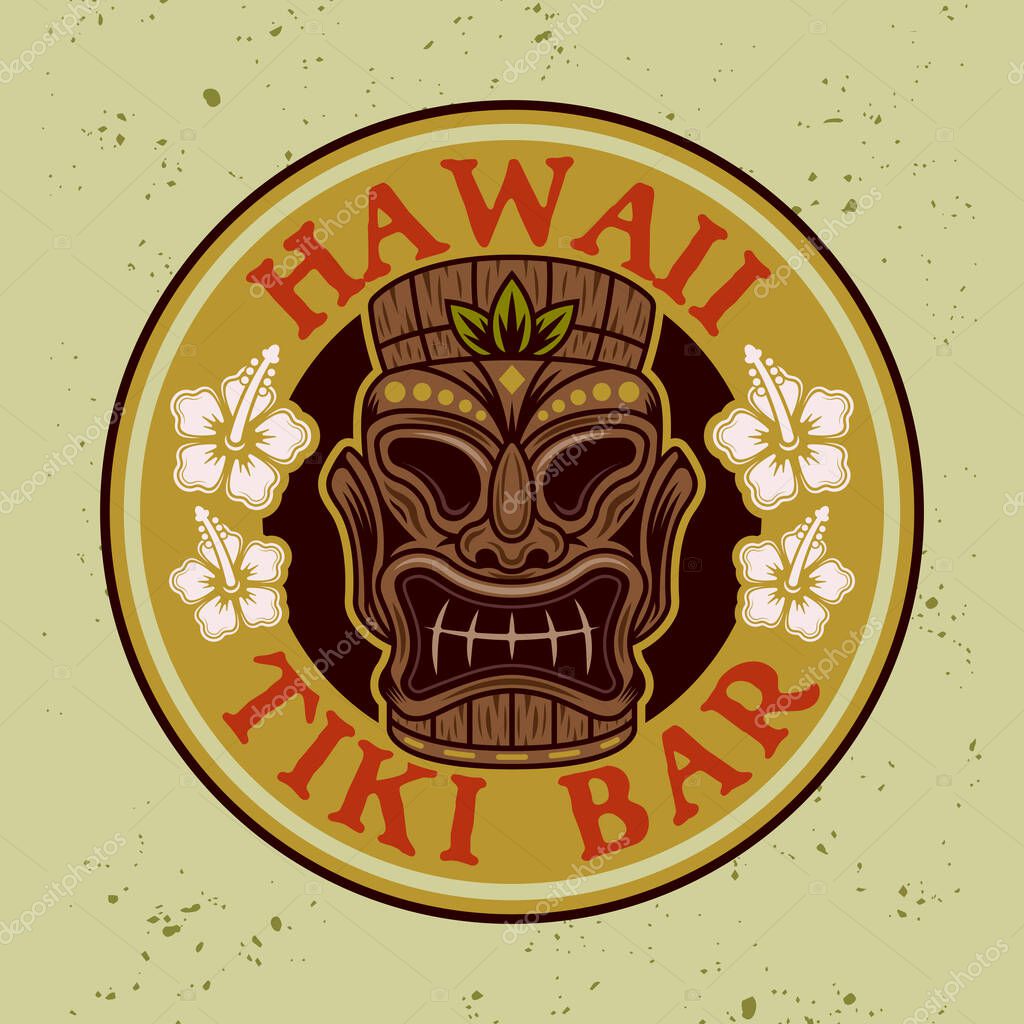 Tiki hawaiian tribal wooden mask vector colorful round emblem, badge, label, sticker or logo in cartoon style on background with textures