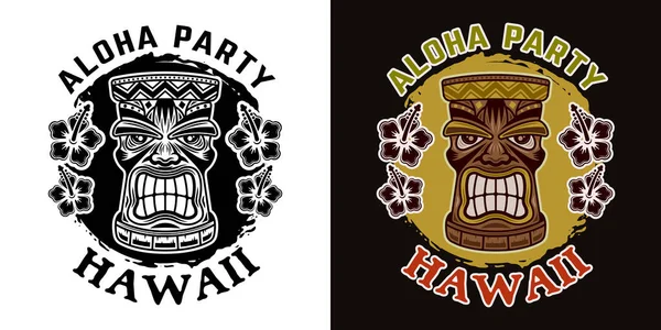 Hawaiian Tiki Holzkopf zwei Stile schwarz auf weiß und bunt auf dunklem Hintergrund Vektorillustration — Stockvektor