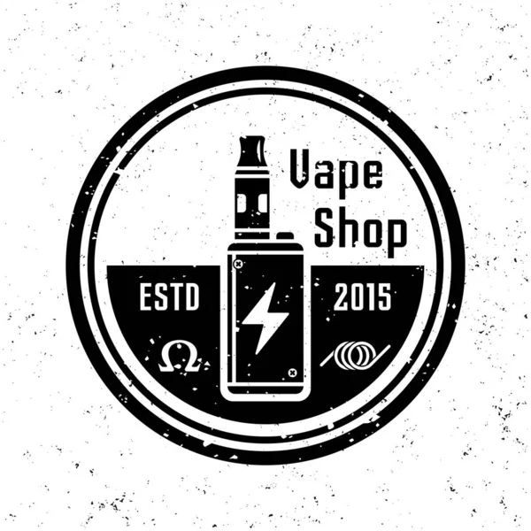 Vape shop a elektronické cigarety vektorové monochromatický kruhový emblém, štítek, odznak nebo logo ve stylu vintage na pozadí s odnímatelnými grunge textury — Stockový vektor