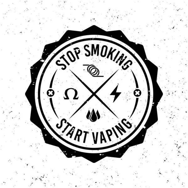 Vaping vektor kolo monochromatický znak, štítek, odznak nebo logo ve stylu vintage na pozadí s odnímatelnými grunge textury — Stockový vektor