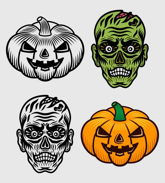 Halloween set objetos cabeza de zombie y elementos vectoriales de calabaza en dos estilos negro y colorido — Vector de stock