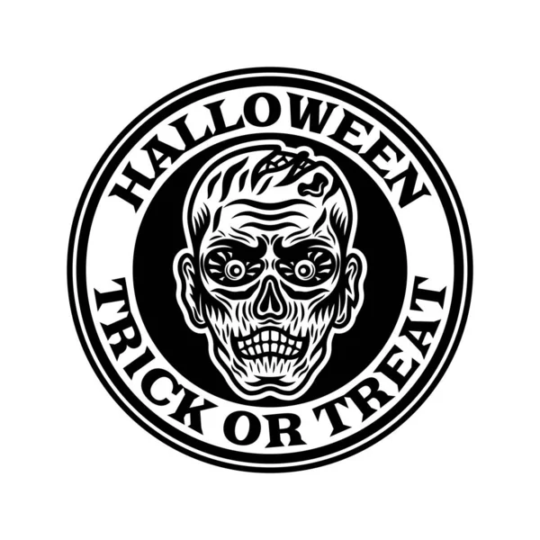 Emblema redondo vintage de Halloween, insignia, etiqueta o logotipo con cabeza de zombi en el estilo monocromo vector ilustración aislada — Vector de stock