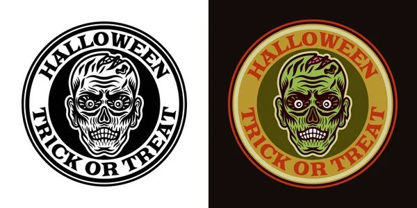 Zombie głowa halloween okrągłe godło dwa style czarny na białym i kolorowe na ciemnym tle wektor ilustracji — Wektor stockowy