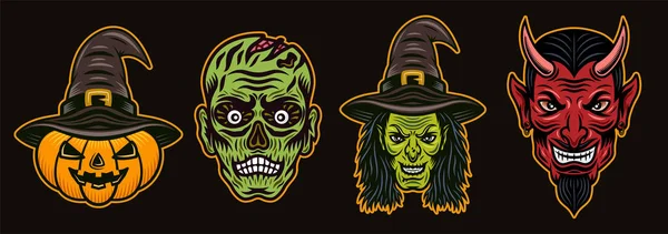 Personagens de Halloween bruxa, diabo, zumbi, conjunto de abóbora de objetos coloridos vetoriais ou elementos de design para o seu design — Vetor de Stock