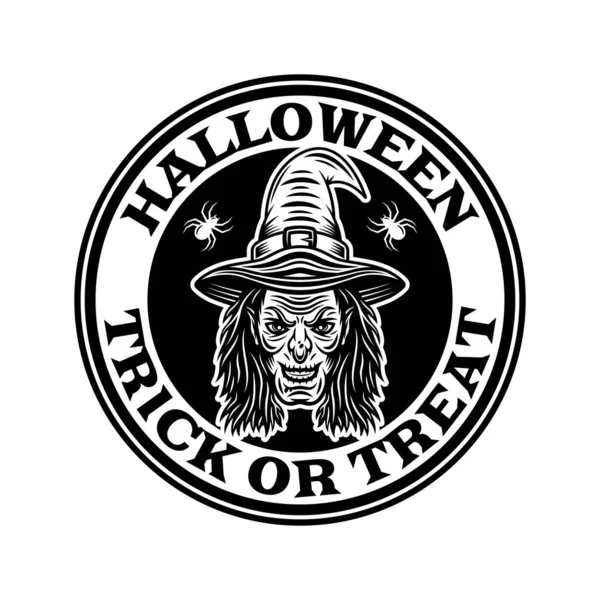 Emblema redondo vintage de Halloween, insignia, etiqueta o logotipo con cabeza de bruja en el estilo monocromo vector ilustración aislada — Vector de stock