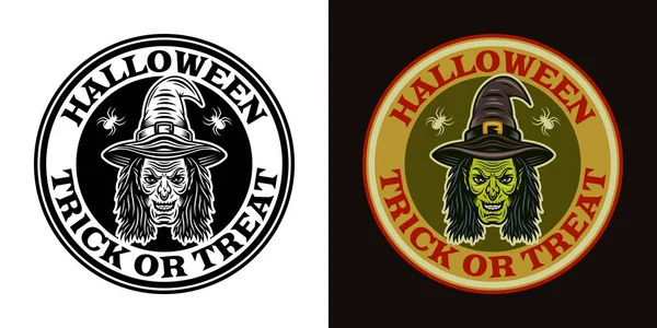Cabeza de bruja halloween emblema redondo dos estilos negro sobre blanco y colorido sobre fondo oscuro vector ilustración — Vector de stock