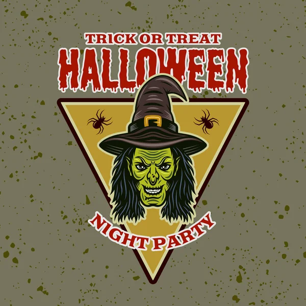 Vetor de cabeça de bruxa colorido emblema halloween, crachá, rótulo ou logotipo em ilustração estilo cartoon — Vetor de Stock