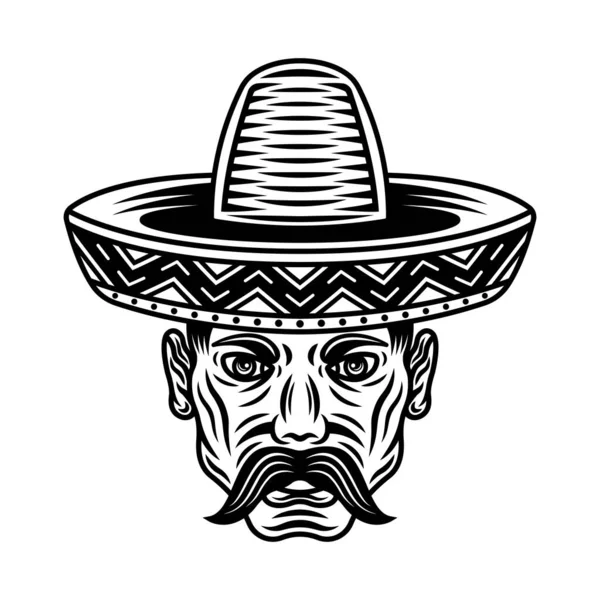 Cabeza de hombre mexicano con bigote e ilustración vectorial sombrero sombrero en estilo vintage blanco y negro aislado — Vector de stock