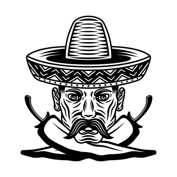 솜브레로 모자를 쓴 멕시코 남자와 흰색 배경만 따로 있는 단색 무늬의 칠 리 고추 벡터 그림을 교차 시킨 칠 리 고추 벡터 그림을 그린 남자 — 스톡 벡터