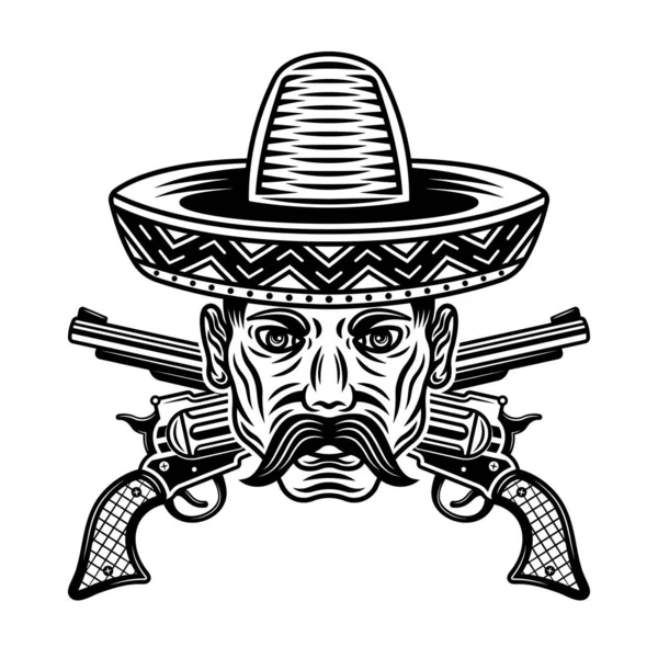 Sombrero şapkalı Meksikalı adam kafası ve beyaz arka planda izole edilmiş tek renkli silah vektör çizimi. — Stok Vektör