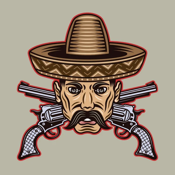 Mexická muž hlava s knírem v sombrero klobouk a zkřížené zbraně vektorové ilustrace v barevném kresleném stylu izolované na světlém pozadí — Stockový vektor