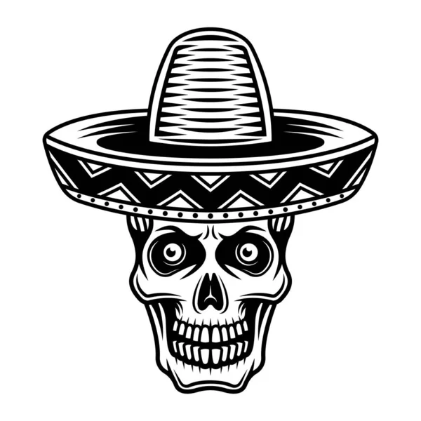Lebka v mexické sombrero klobouk vektorové ilustrace v monochromatické vintage stylu izolované na bílém pozadí — Stockový vektor