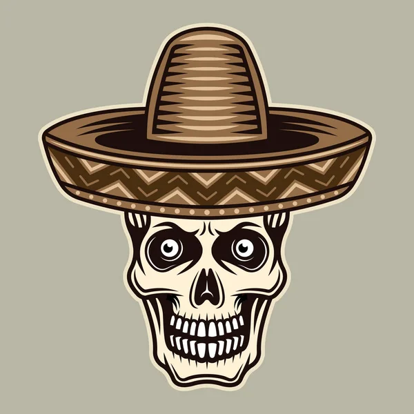 Lebka v mexické sombrero klobouk vektorové ilustrace v barevném kresleném stylu izolované na světlém pozadí — Stockový vektor