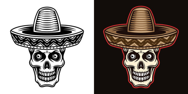 Skull in mexican sombrero hat vector illustration in two styles black on white and colorful on dark background