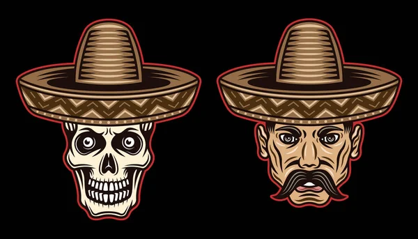 Mexická muž hlava s knírem a lebka v sombrero klobouky vektorové ilustrace v barevném stylu na tmavém pozadí — Stockový vektor