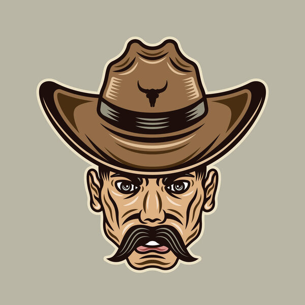 Cowboy man head with mustache in hat vector illustration in colored cartoon style on light background