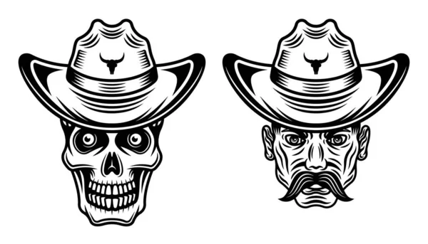 Cabeza de hombre vaquero con bigote y cráneo en sombrero vector ilustración en estilo monocromo vintage aislado sobre fondo blanco — Vector de stock