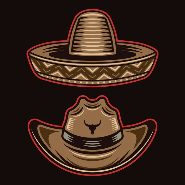 Cowboy hat and sombrero vector objects or design elements in colorful style on dark background. Set of western headdress — Stock Vector