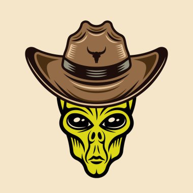 Uzaylı kafası kovboy şapkası vektör illüstrasyonunda renkli çizgi film tarzında izole edilmiş.