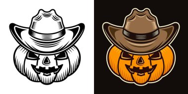 Kovboy şapkalı Cadılar Bayramı kabağı iki stilde siyah beyaz ve koyu arkaplan vektör resimlerinde renkli