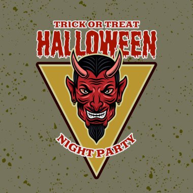 Şeytan baş vektörü Cadılar Bayramı amblemi, rozeti, etiketi veya logosu çizgi film stili illüstrasyonunda