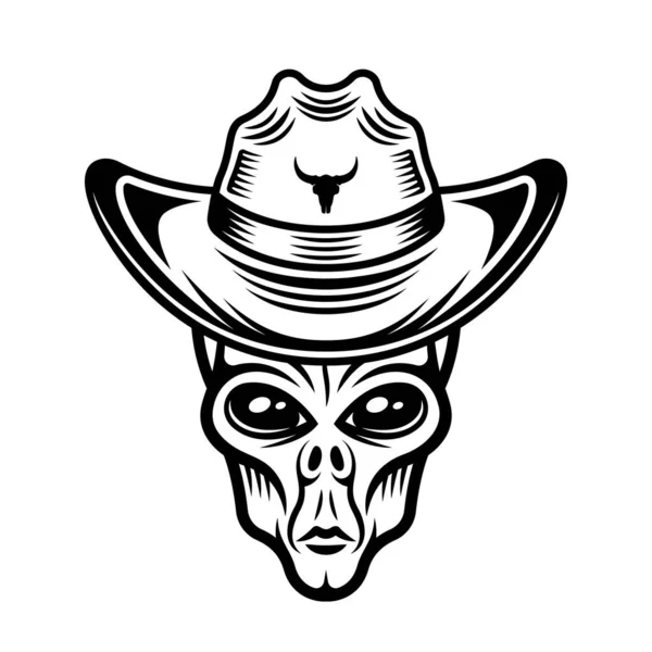 Alien head in cowboy hat vector illustration in monochrome vintage στυλ απομονωμένο σε λευκό φόντο — Διανυσματικό Αρχείο