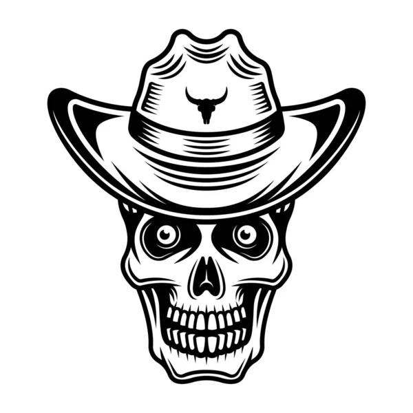 Calavera en vaquero sombrero vector ilustración en estilo vintage monocromo aislado sobre fondo blanco — Archivo Imágenes Vectoriales