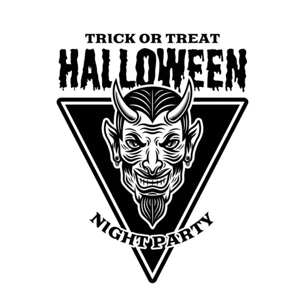 Devil head vintage halloween emblem, badge, label or logo in monochrome style vector isolated illustration — Stock Vector