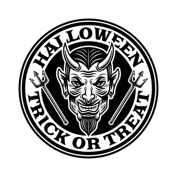 Emblema redondo vintage de Halloween, insignia, etiqueta o logotipo con la cabeza del diablo en el estilo monocromo vector ilustración aislada — Vector de stock