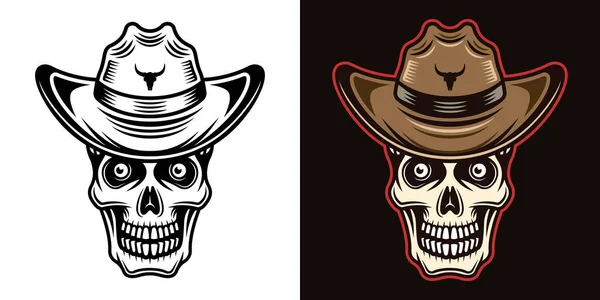 Calavera en vaquero sombrero vector ilustración en dos estilos negro sobre blanco y colorido sobre fondo oscuro — Vector de stock