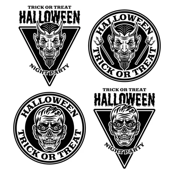 Conjunto de cuatro emblemas, insignias, etiquetas o logotipos de Halloween con cabeza de diablo y cabeza de zombi en estilo vintage ilustración — Vector de stock