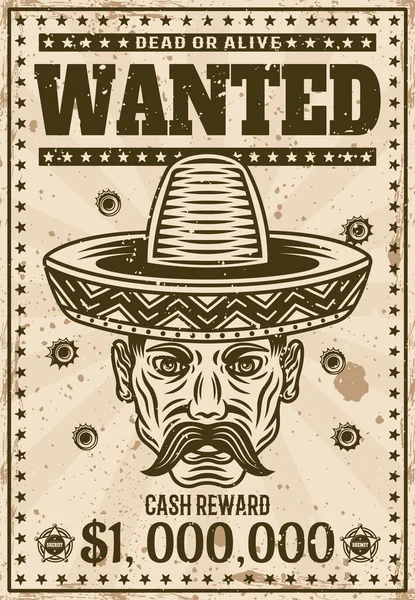 Klasik batı poster şablonu, şapkalı Meksikalı kafa şapkası, tematik parti veya etkinlik için kurşun delikleri vektör çizimi aranıyor. Katmanlı, grunge deseni ve metni ayır — Stok Vektör