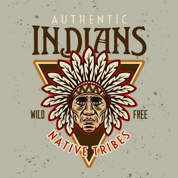Chefe cabeça nativo americano vetor vintage emblema, rótulo, crachá ou logotipo em estilo de desenho animado colorido no fundo claro — Vetor de Stock