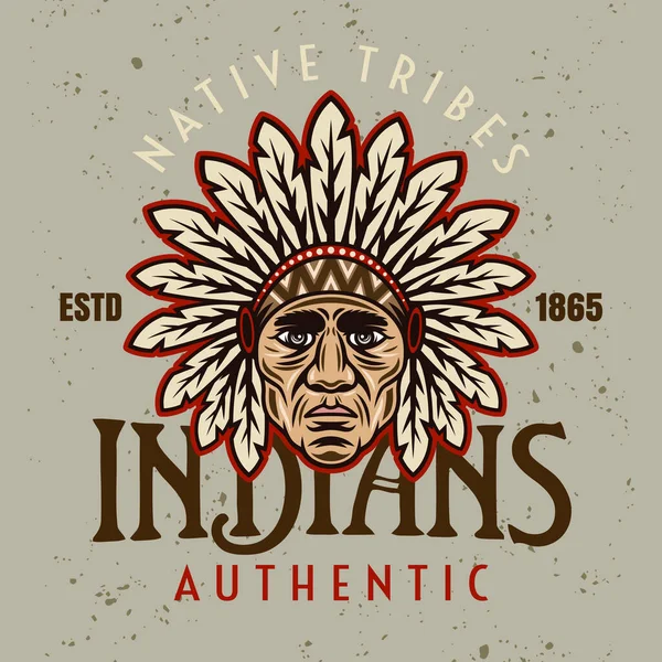 Индейцы коренных американских племен векторные винтажные эмблемы, этикетки, значок или логотип с главой в красочном мультяшном стиле на светлом фоне — стоковый вектор