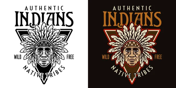Amerikan yerlilerinin baş klasik amblemi, etiketi, rozeti ya da logosu beyaz üzerine siyah ve koyu arkaplan üzerine renkli iki tarzda resmedilmiş. — Stok Vektör