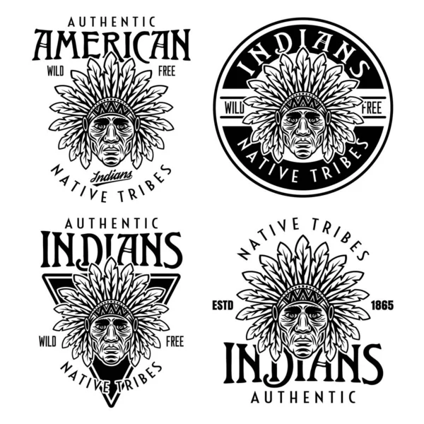 Native american indians set of four vector vintage emblems, labels, badges or logos with chief head in monochrome style isolated on white background — Stock Vector