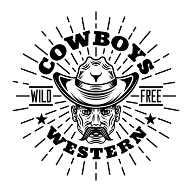 Batı vektör klasik amblemi, etiketi, rozeti veya logosu beyaz arka planda izole edilmiş tek renkli şapkalı kovboy başlıklı.