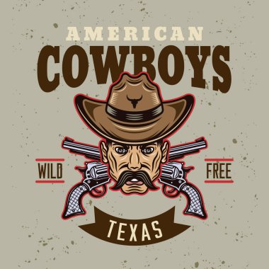 Vahşi batı vektör klasik amblemi, etiket, rozet ya da logo açık arkaplanda renkli çizgi film tarzında kovboy kafası