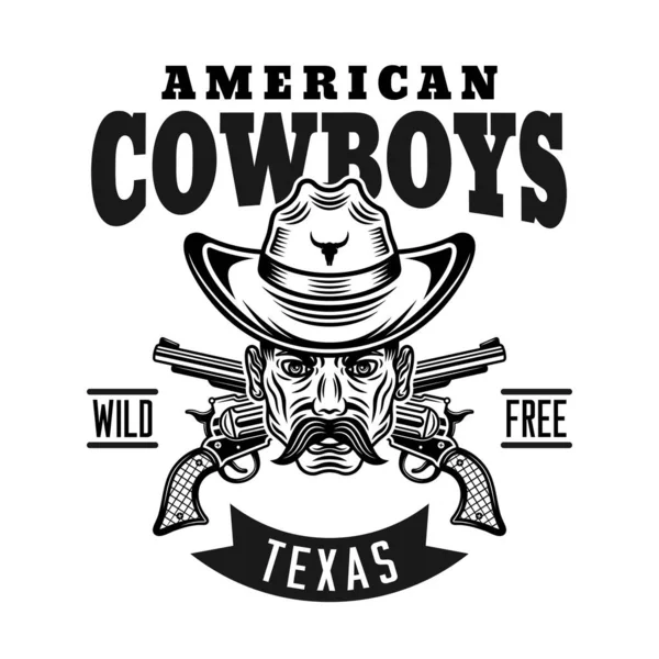 Emblema vintage vector salvaje oeste, etiqueta, insignia o logotipo con cabeza de vaquero en estilo monocromo aislado sobre fondo blanco — Vector de stock